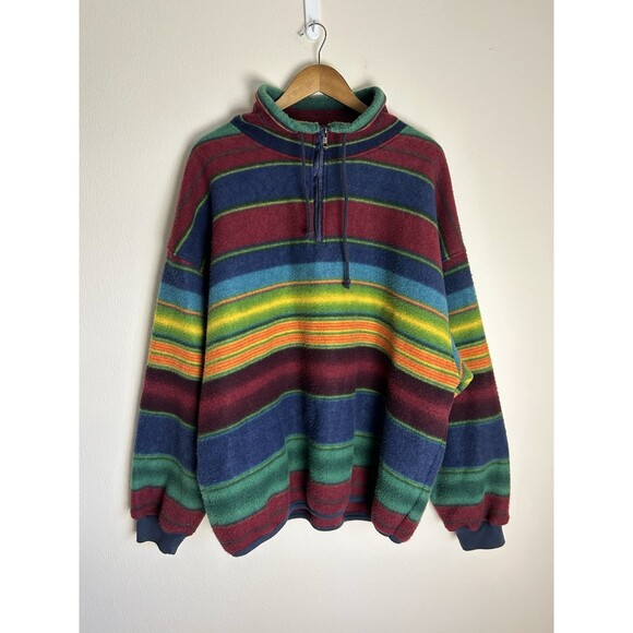 Vintage 90s Fleece Jacket Womens XL Gray Blue Aztec Southwestern Blanket Fleece - Picture 1 of 4
